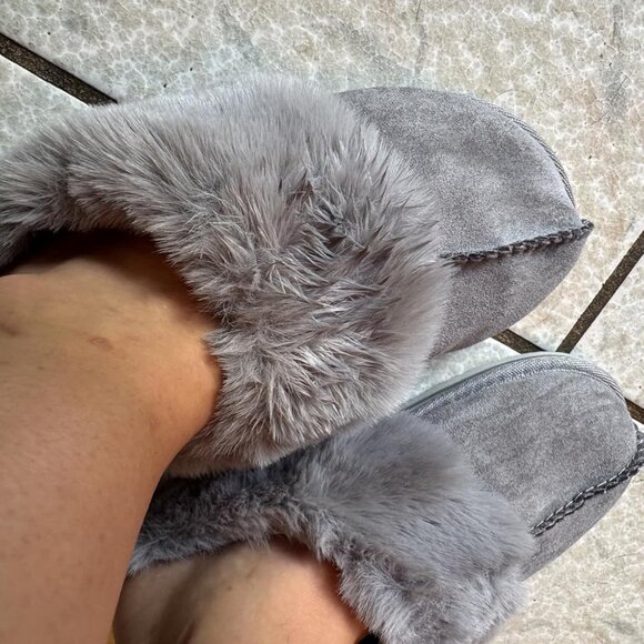 🆕Women Dark Grey Suede Fluff Dual Memory Foam Arch Support Warm Scuff Slipper - Picture 2 of 9